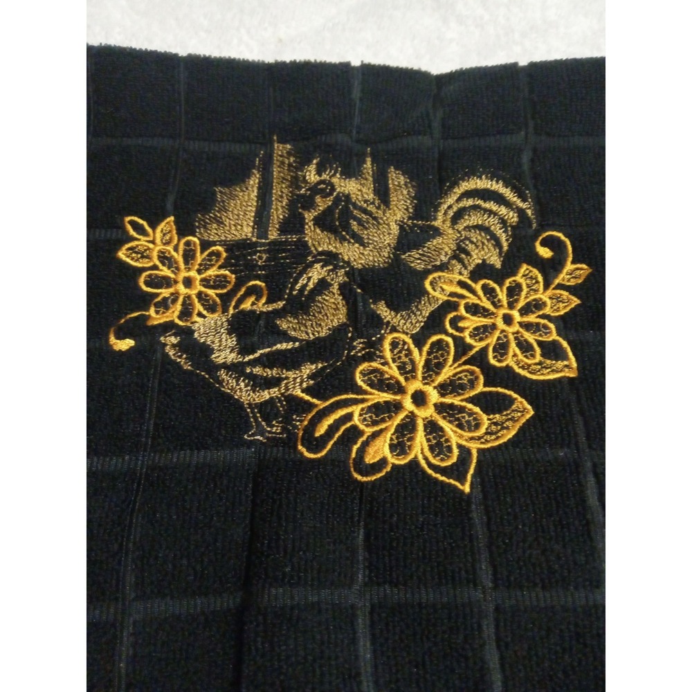 Black Kitchen Towel with‎ Embroidered Roosters and Floral Design